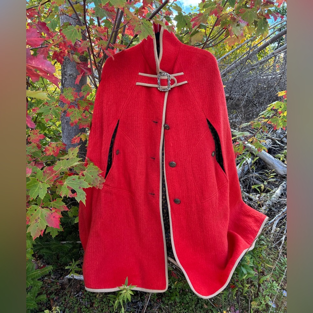 Vintage 1970s Austrian Loden Wool Cape Coat Orange German Fashion Style